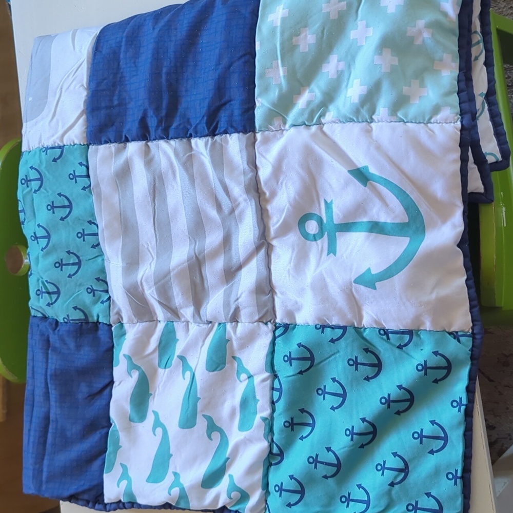 Whale and Anchor Toddler Kids Quilt in Blue and Teal Green